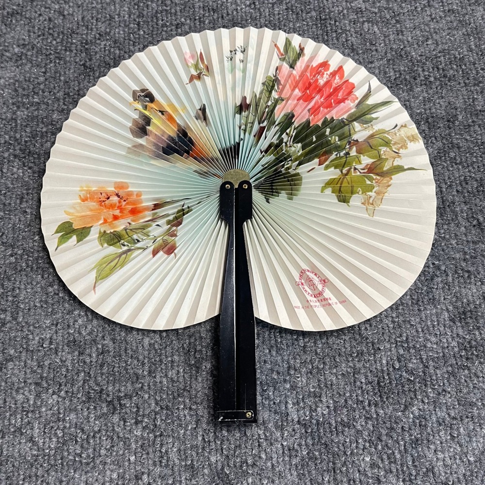Vintage Shanghai Arts & Crafts Hand Fan Floral Bird Chinese Folding Fan Black